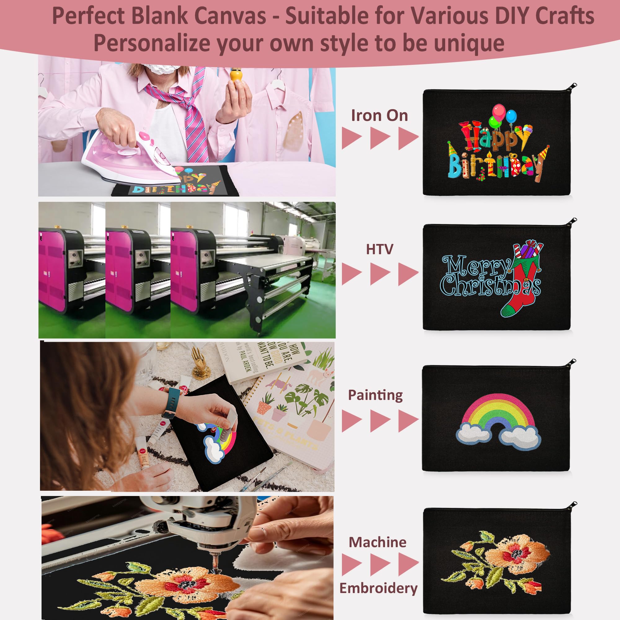 Koolmox Black Canvas Makeup Bags - 40 Pack 9x7 Inch Large Blank Zippered Cosmetic Pouches for Makeup, Travel Toiletries, Art Supplies & Office Essentials | Perfect for Travel, Home Organization & Gift Giving