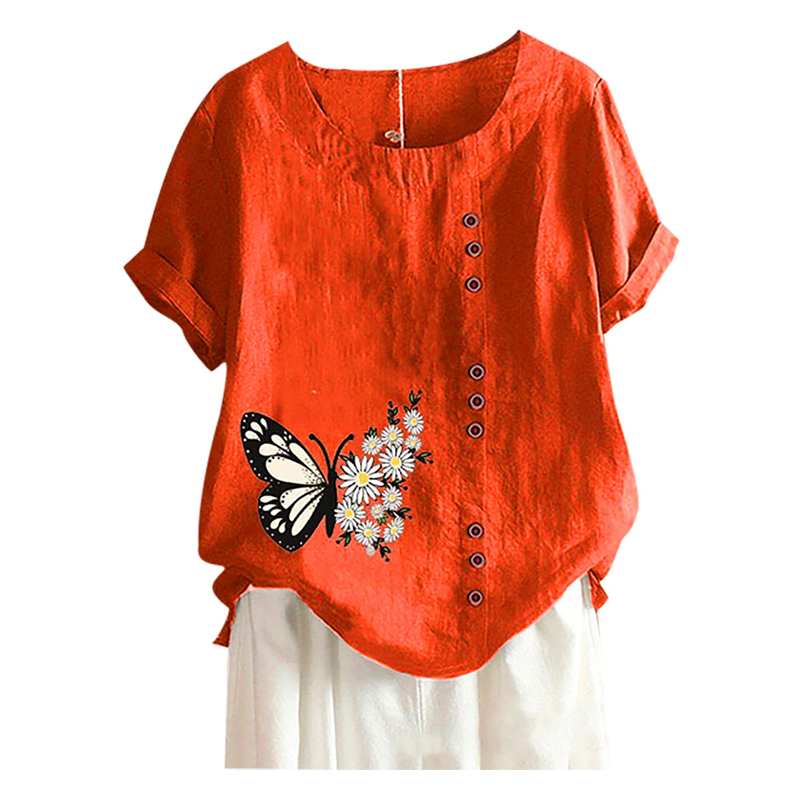 Women's Floral Printed Button Tee Tops - Short Sleeve Crew Neck Cotton Linen Tunic Blouse - Casual Loose Fit T-Shirt for Summer, Beach, and Everyday Wear