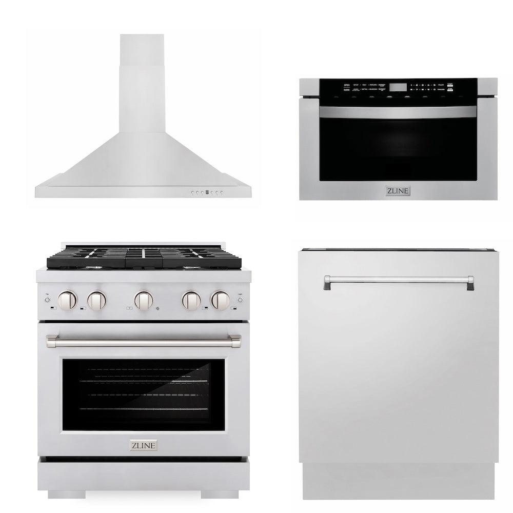 ZLINE 30 Inch Stainless Steel Kitchen Package - Gas Range, Range Hood, Microwave Drawer & Tall Tub Dishwasher (4KP SGRRH30 MWDWV) - Perfect for Modern Home Kitchens & Open-Concept Living Spaces