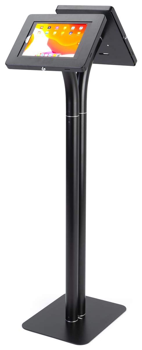 Dual Tablet Floor Stand with Locking Enclosure - Adjustable Countertop Mount for iPad & Android Tablets - Black (IPEVRFL2BK) - Perfect for Retail Stores, Restaurants & Interactive Kiosks