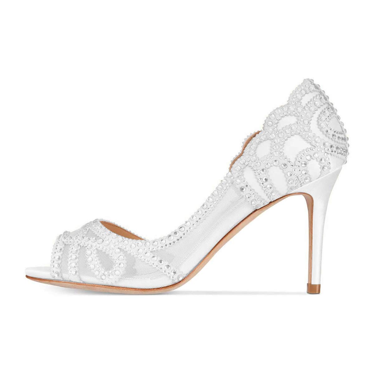 XYD Women's Crystal Studded Peep Toe Mesh High Heel Pumps - Elegant Half D'Orsay Wedding Shoes for Bride, Party & Special Occasions