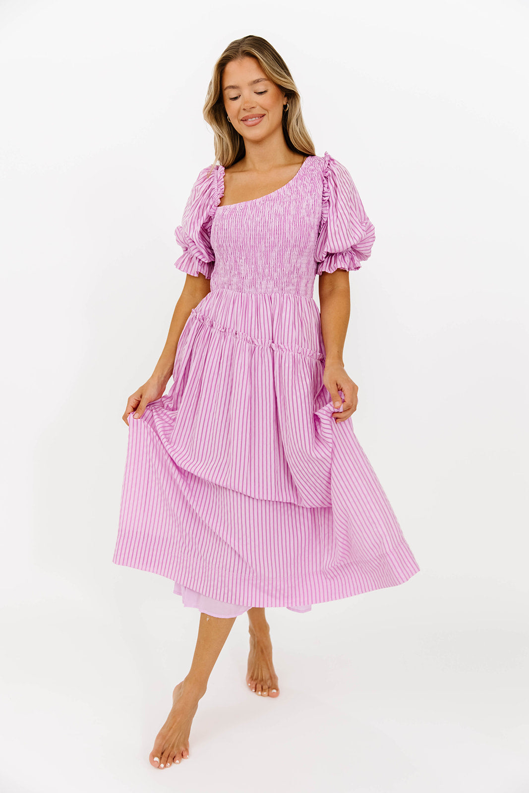 Kaden Women's Asymmetrical Ruffle Midi Dress - Flowy Pink Summer Dress for Casual Outings, Beach Vacations & Date Nights