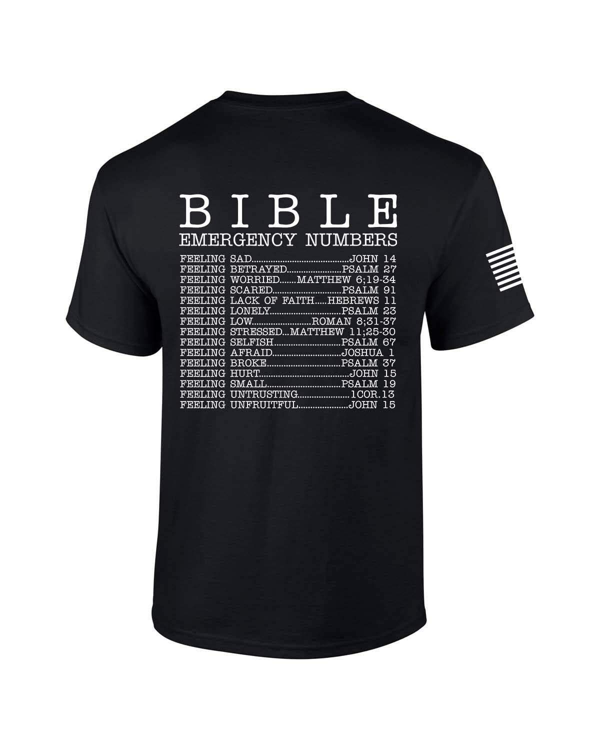 Men's Christian Bible Emergency Numbers Scripture Short Sleeve Graphic T-Shirt - Religious Apparel for Church, Worship & Daily Inspiration