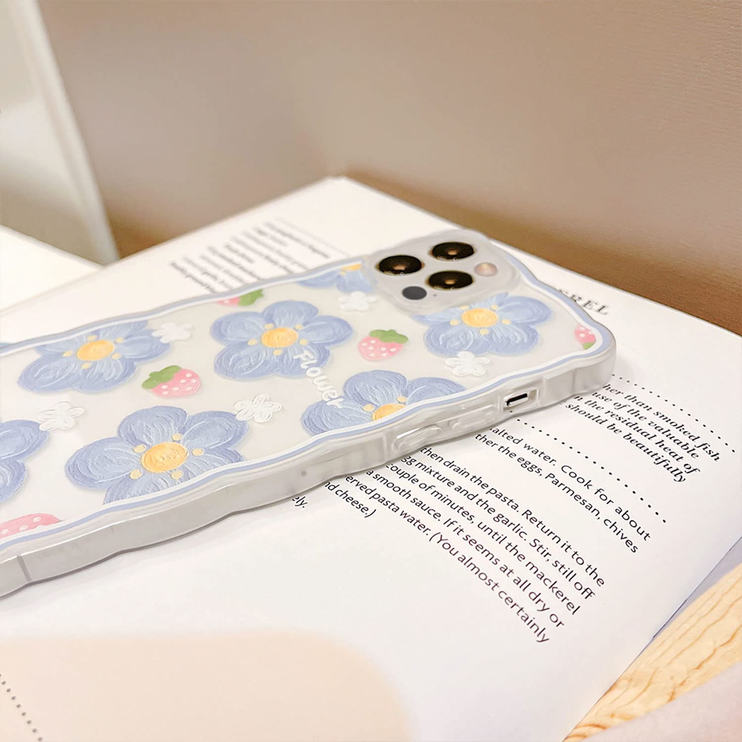 Ownest Clear Floral TPU Case for iPhone 12 Pro Max - Cute Strawberry Lace Design, Slim Shockproof Protective Cover for Women & Girls (Blue) | Perfect for Everyday Use, Work, School & Travel