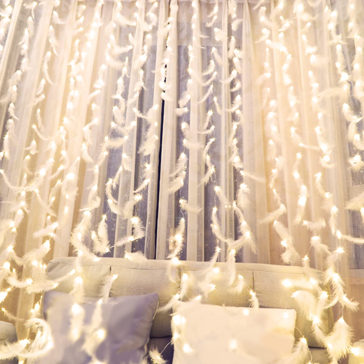 300 LED Feather White String Lights - 10x10ft Battery Operated Fairy Lights for Bedroom, Outdoor, Wedding & Party Decor | Waterproof Curtain Lights with Twinkle Effect for Ramadan, Christmas, Garden and Patio Lighting