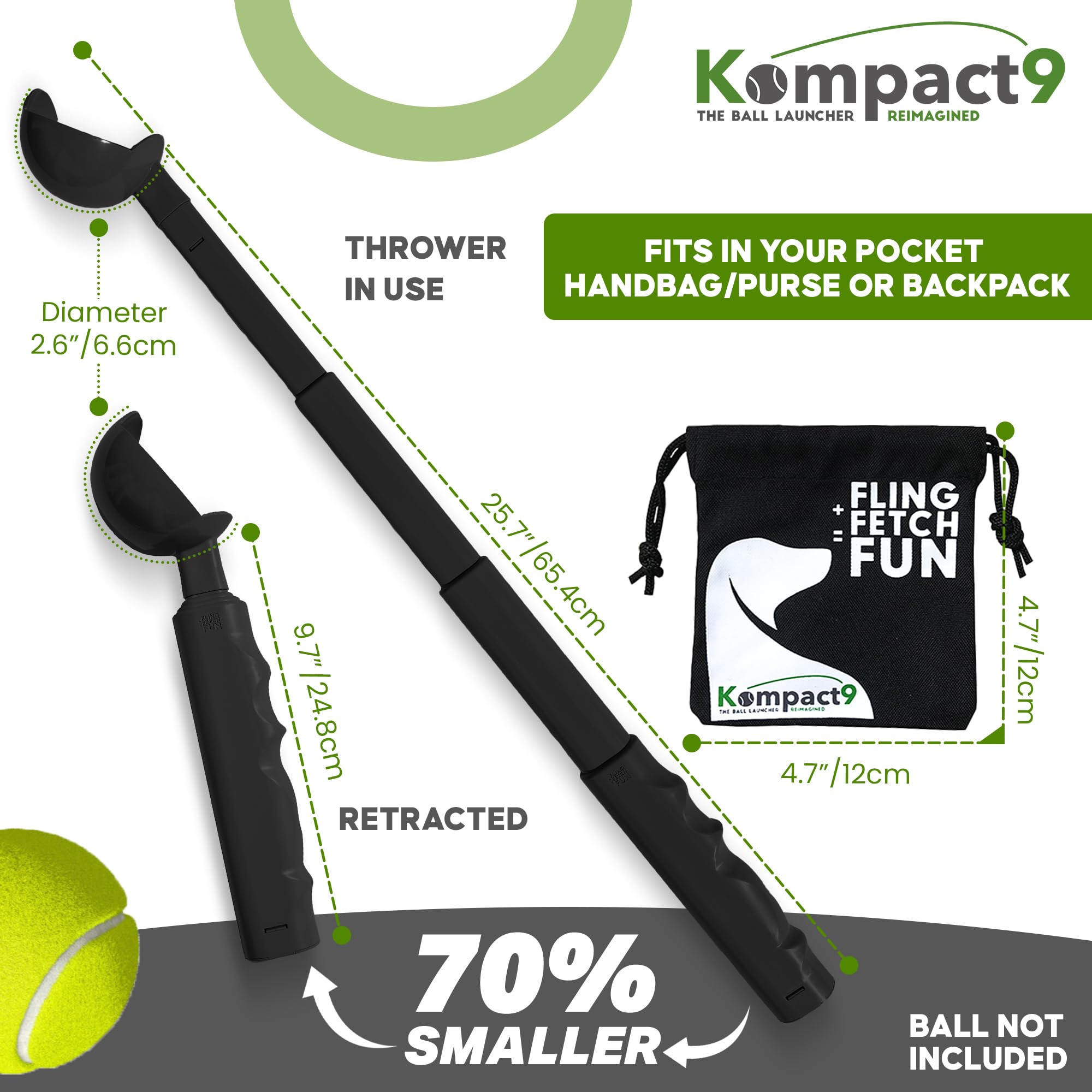 Kompact9 Retractable Pocket-Sized Dog Ball Launcher - Eco-Friendly Portable Fetch Toy for Dogs, Made from Recycled Plastic, UK Designed, Fits Standard Tennis Balls - Perfect for Outdoor Play, Park Exercise & Backyard Training | Black