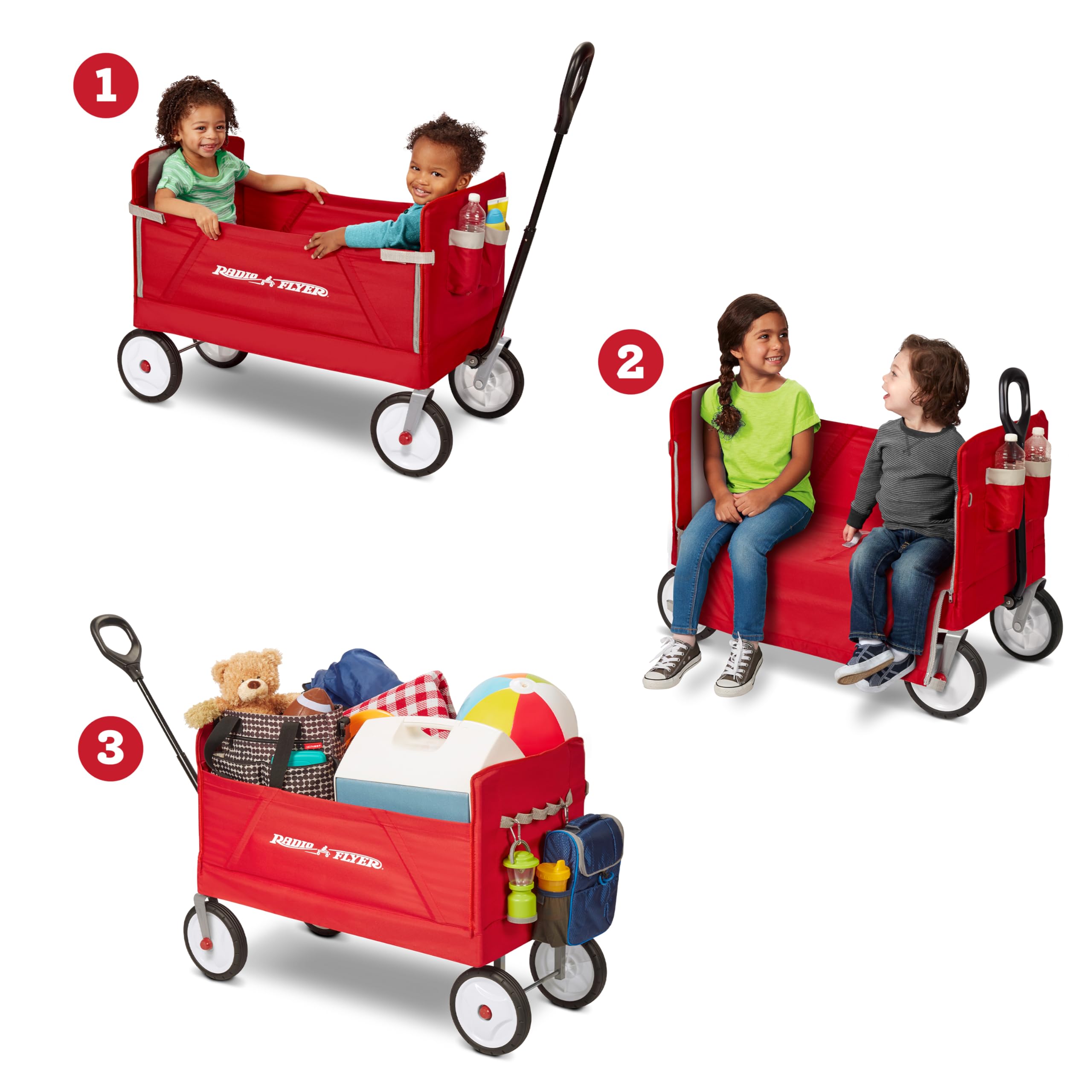 Radio Flyer 3-in-1 EZ Fold Wagon - Red Collapsible Wagon for Kids, Cargo & Garden | Foldable Utility Wagon for Outdoor, Beach, Camping & Grocery Shopping