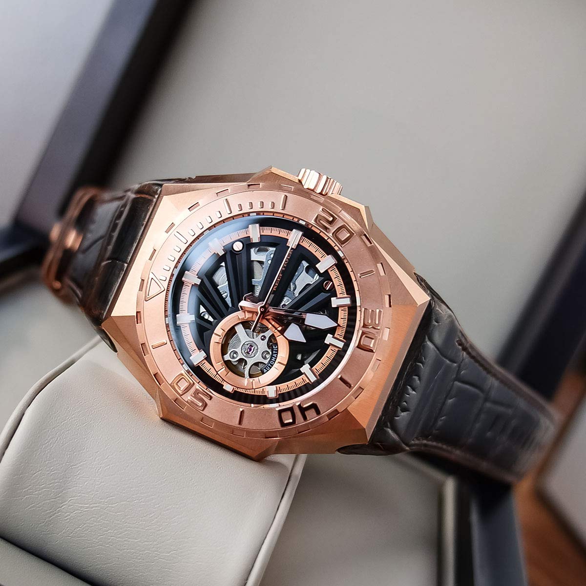 REEF TIGER Men's Skeleton Automatic Diving Watch - Military Style Mechanical Watch with Leather Strap RGA6903-S - Perfect for Scuba Diving, Outdoor Adventures & Formal Occasions