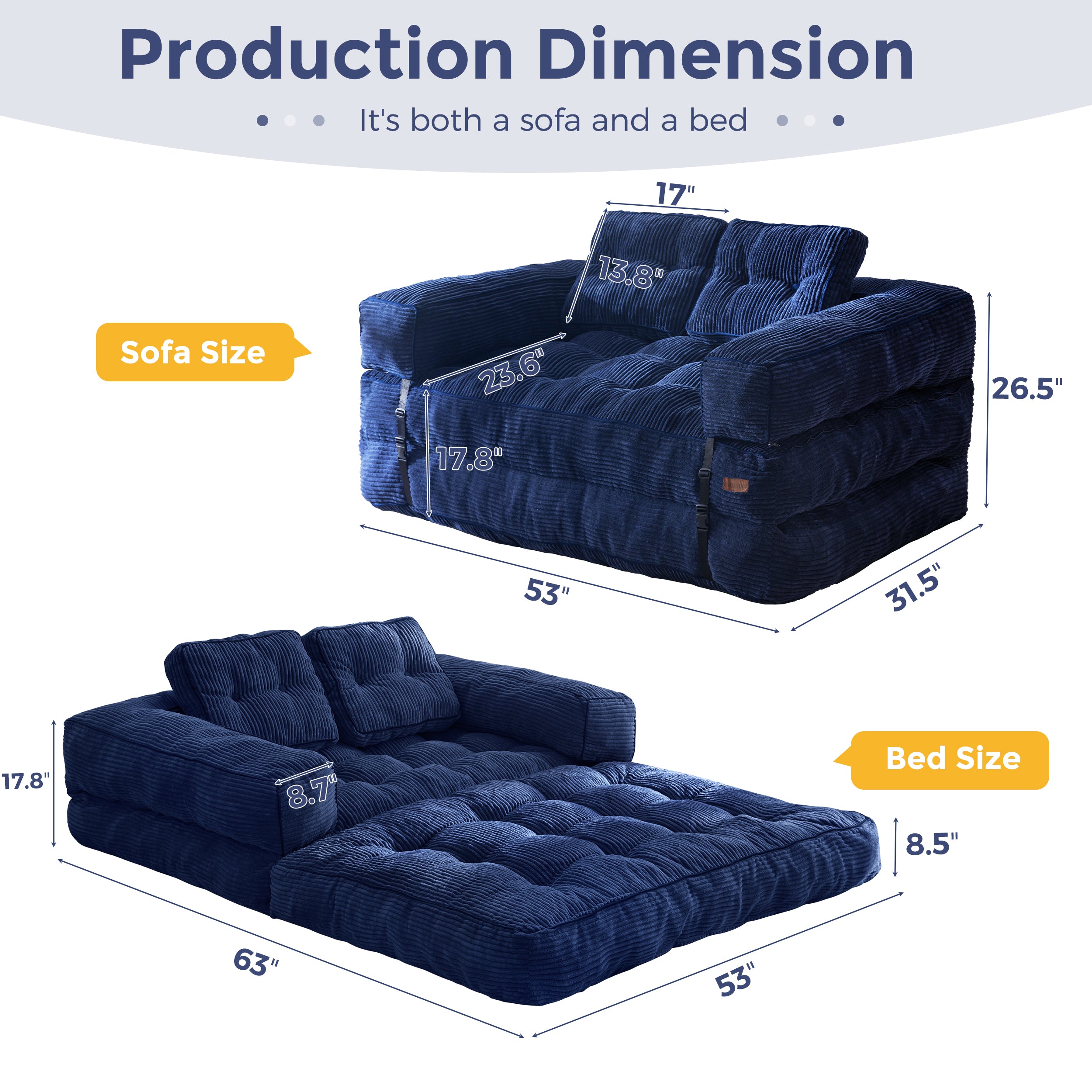 MAXYOYO L-Shaped Folding Sofa Bed - Convertible Sleeper Couch with Armrest & Pillow, Portable Foldable Floor Lounge Chair for Living Room, Bedroom, Guest Room (Double Size, Navy Blue) | Perfect for Small Spaces, Apartments & Overnight Guests