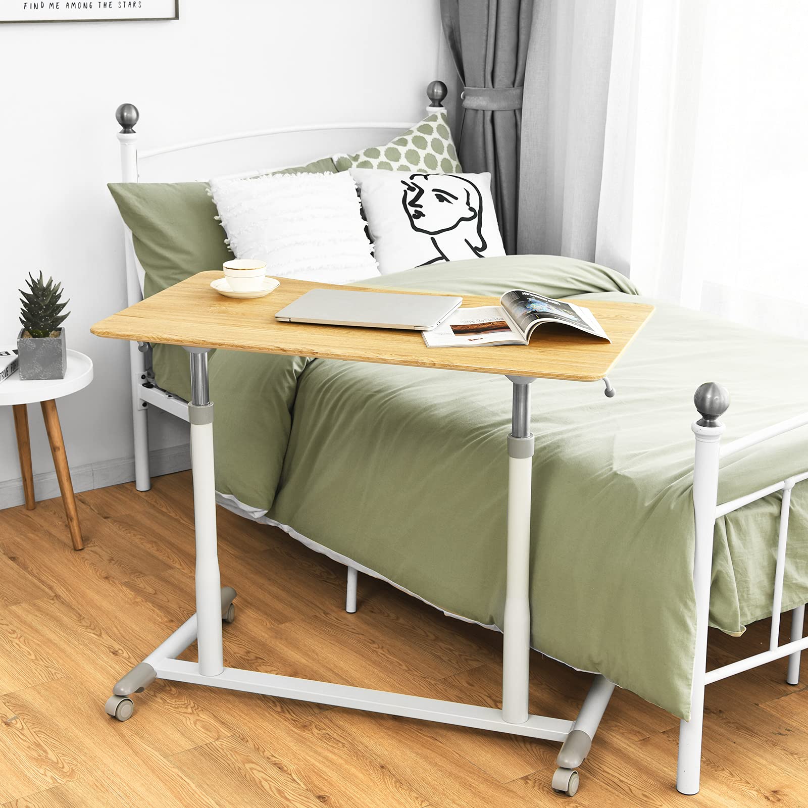 Tangkula Adjustable Height Mobile Standing Desk with Wheels - Compact Rolling Computer Desk with Steel Frame & MDF PVC Tabletop - Perfect for Home Office, Small Spaces & Remote Work (Natural Wood Finish)