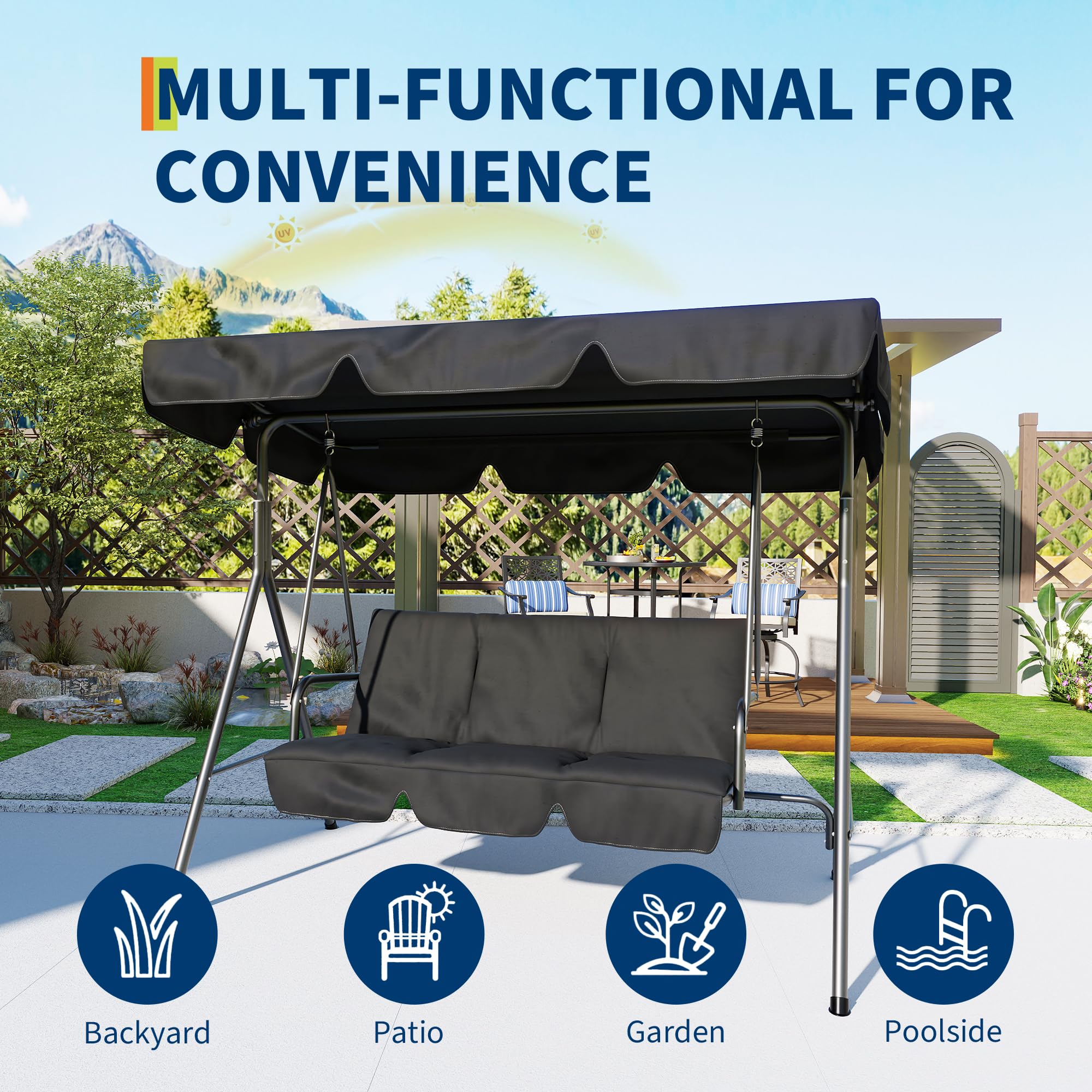 GARVEE 3-Person Patio Swing Chair with Convertible Canopy - Outdoor Hanging Glider Lounge Chair with Adjustable Tilt Shade for Porch, Garden, Backyard & Poolside Relaxation