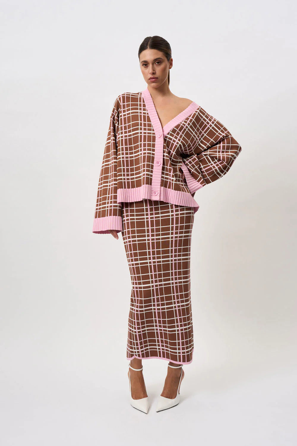 Carolina Check Knit Ankle Skirt - Brown & Pink Plaid Pattern for Women | Casual & Office Wear | Perfect for Fall & Winter Outfits