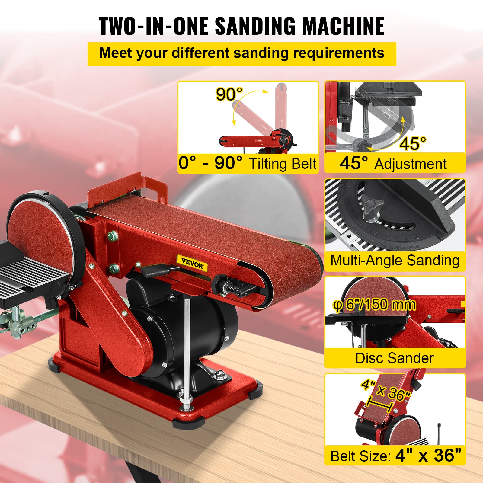VEVOR 4 x 36 Inch Belt Sander & 6 Inch Disc Sander Combo - 375W Benchtop Sander with Dust Collection | Woodworking, Metal Sanding & DIY Projects | Powerful Bench Sander for Home Workshop & Professional Use