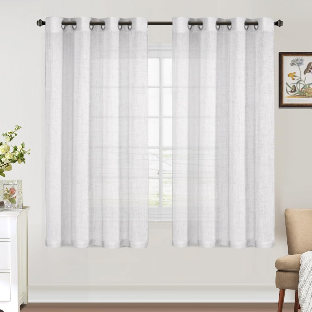 FantasDecor 63 Inch Linen Sheer Curtains - Light Filtering Privacy Drapes with Grommet Top, 2 Panels Set for Farmhouse, Bedroom, Living Room & Porch - Off White | Soft Window Blinds & Shades for Home Decor