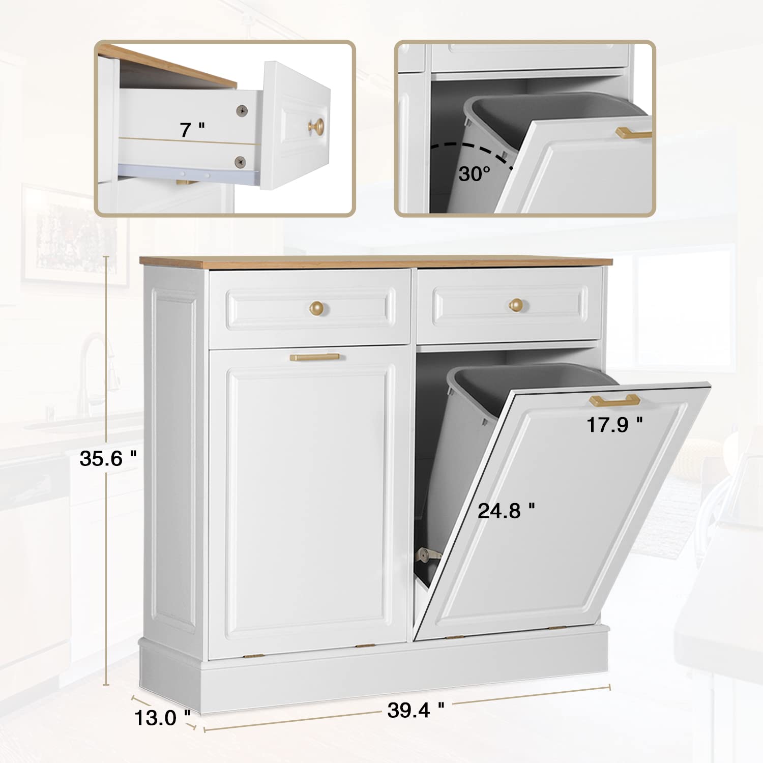 Anbuy Double Kitchen Trash Cabinet - Dual Tilt Out Design with 2 Wood Hideaway Holder Drawers, Freestanding Recycling Bin Organizer (Upgrade White) - Perfect for Small Kitchens, Pantries & Eco-Friendly Homes