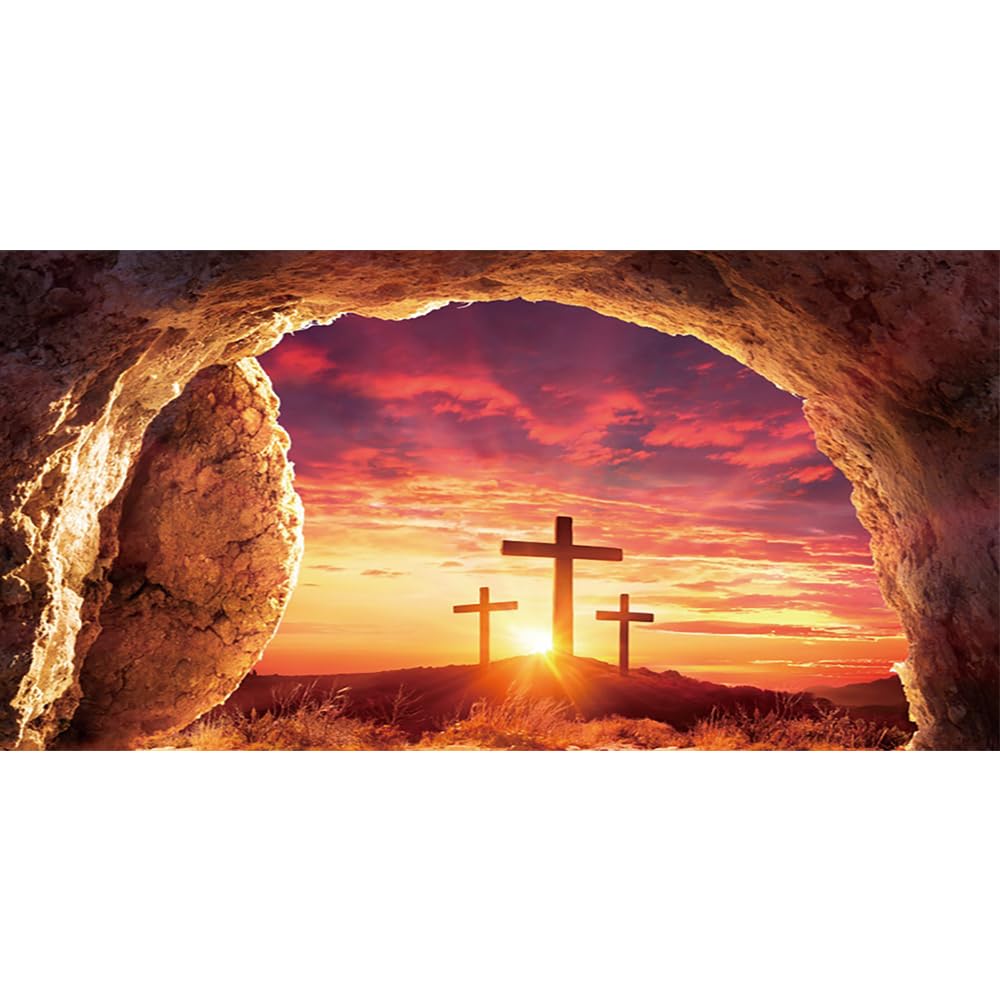 20x10ft Jesus Christ Empty Tomb Photography Backdrop - Three Crosses on Mountain with Holy Light Sunset Banner for Easter Church Decor, Christian Events, and Photography Props | Perfect for Easter Celebrations, Church Events, and Religious Photography