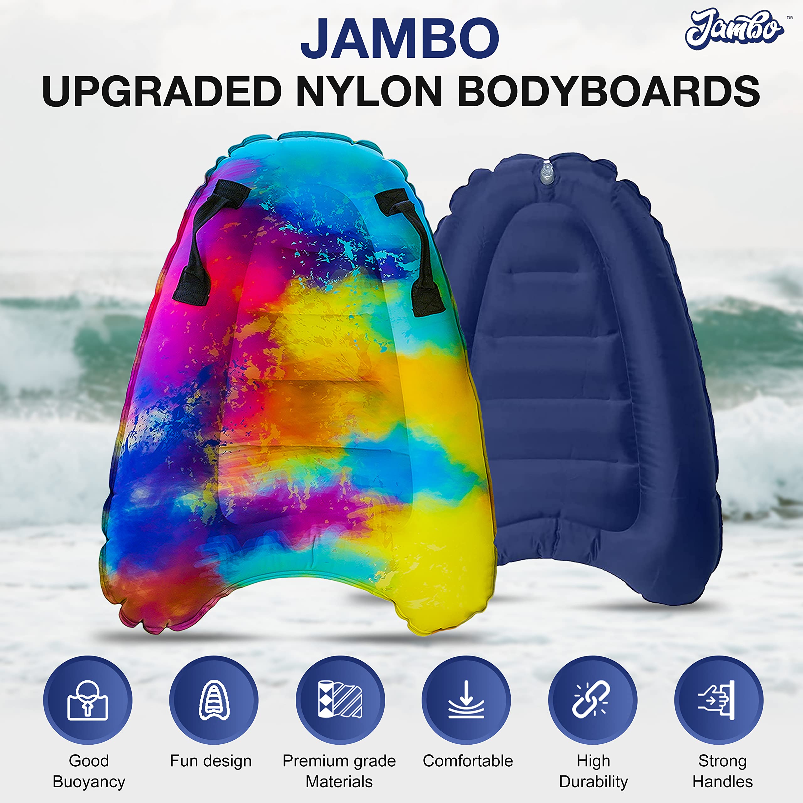 JAMBO Inflatable Body Board with Handles - Lightweight Boogie Board for Surfing, Swimming & Floating - Perfect Beach & Pool Toy for Kids - Great for Ocean Waves, Pool Parties & Summer Water Fun