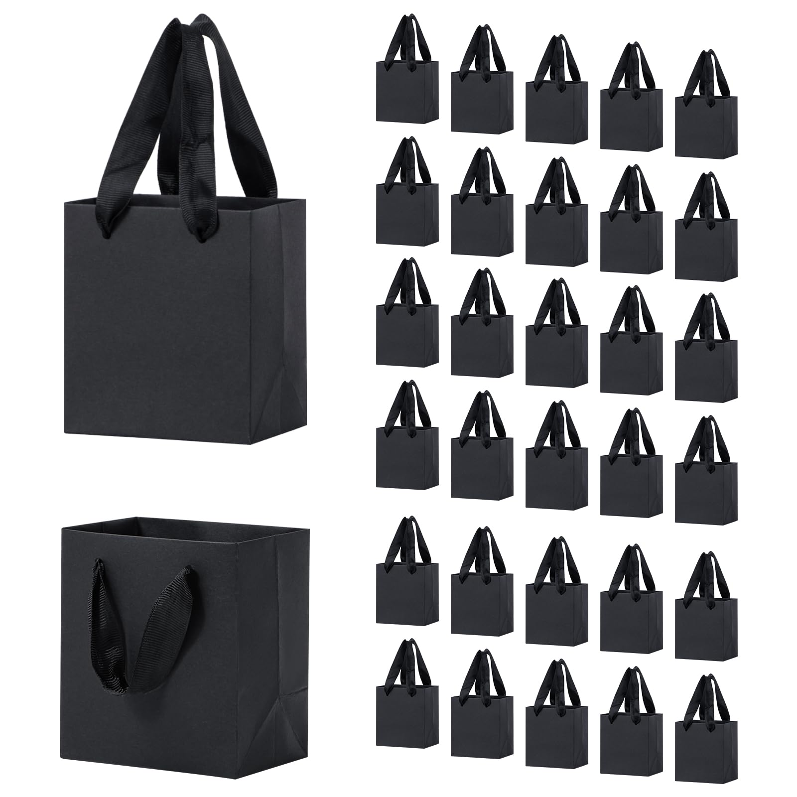 Katfort 50 Pack Mini Kraft Paper Gift Bags 4x2.75x4.5 Inches with Cotton Handle - Matte Black Small Gift Bags Bulk for Holiday Shopping, Wedding Favors, Birthday Party, Baby Shower & Christmas Gifts | Perfect for Candy, Jewelry, Cosmetics & Small Gift Packaging
