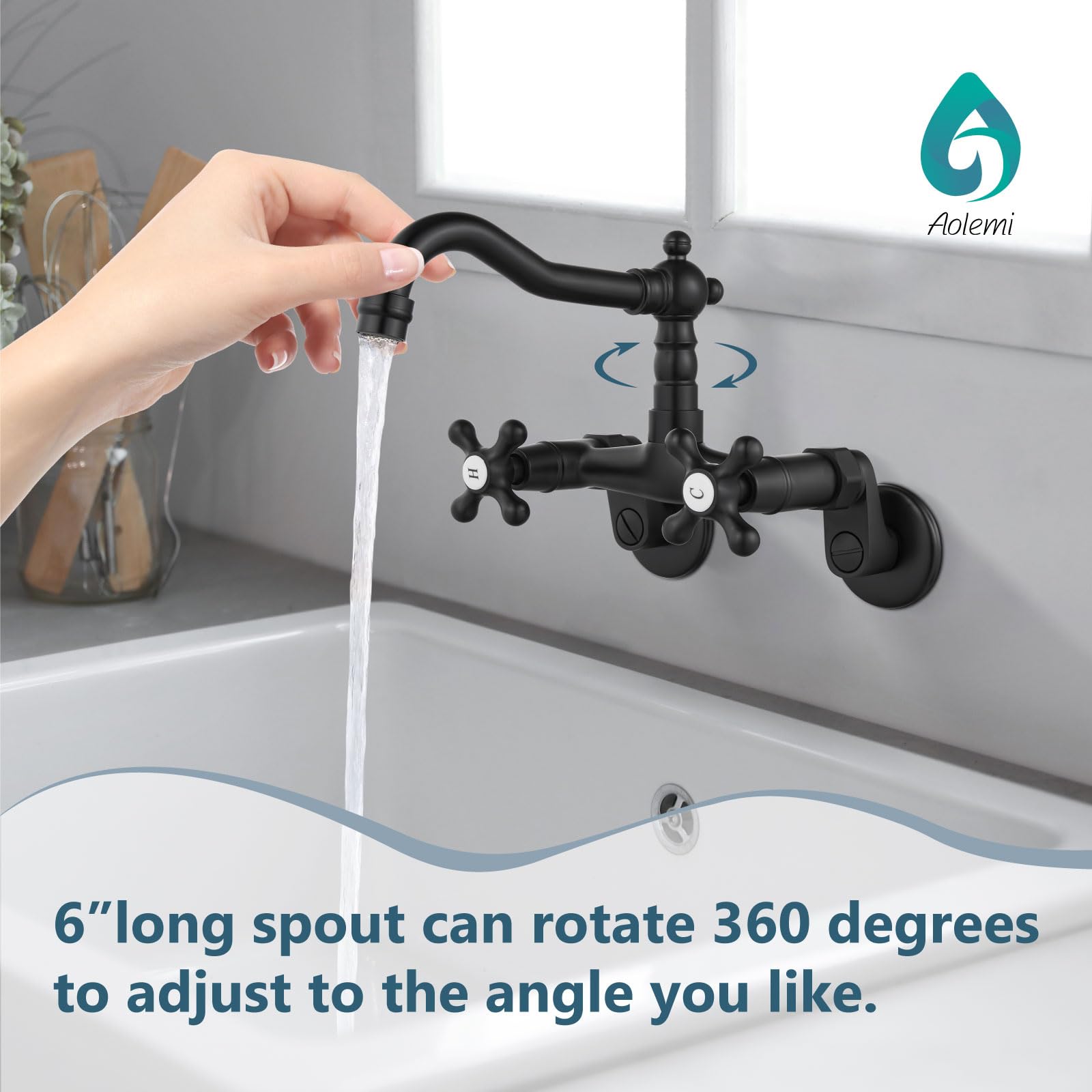 Aolemi Matte Black Wall Mount Kitchen Faucet with 2 Cross Handles & 6