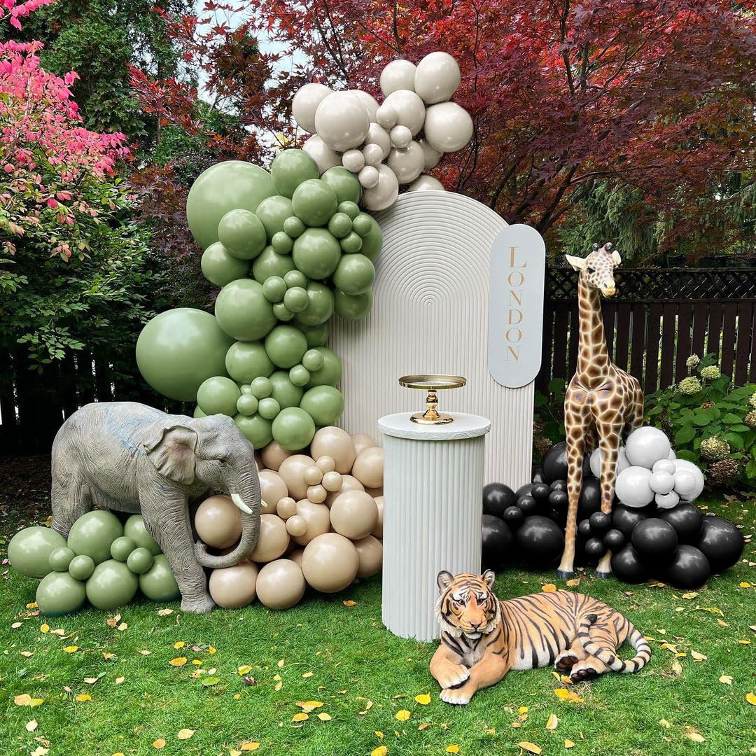 Black Sage Green & Nude Balloon Garland Kit - Double Stuffed Olive Green, Sand White, Avocado & Apricot Latex Balloons for Jungle Safari, Wild One Birthday, Baby Shower & Woodland Decorations - Perfect for Party Backdrops, Photo Booths & Event Centerpieces