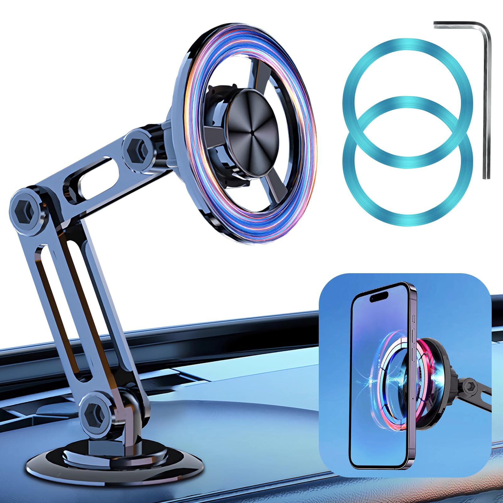 Jemey Universal 360° Pro Magnetic Car Phone Holder - 2025 New Hands-Free Auto Mount with Metal Ring, Adjustable Phone Stand for iPhone, Samsung, All Smartphones - Perfect for Driving, GPS Navigation & Road Trips