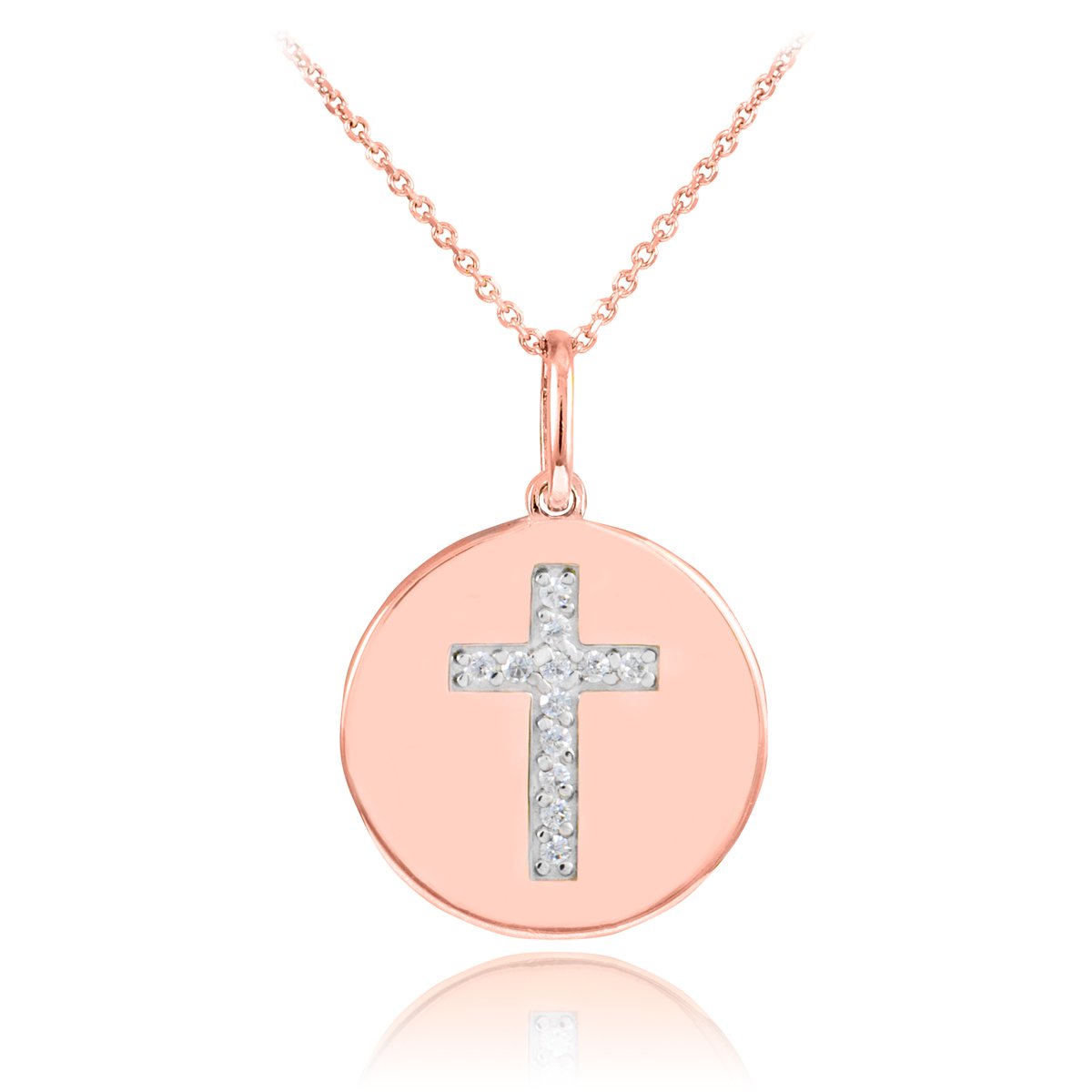 14K Rose Gold Cross Diamond Disc Pendant Necklace for Women - Elegant Religious Jewelry Gift for Baptism, Confirmation & Everyday Wear
