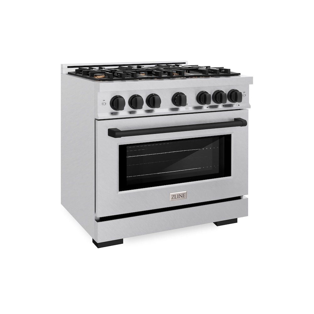 ZLINE Autograph Edition 36 Inch 5.2 Cu Ft Gas Range with 6 Burner Cooktop & Convection Oven - Satin Stainless Steel with Matte Black Accents (HGRSZ 36 MB) - Perfect for Professional Home Chefs & Modern Kitchens