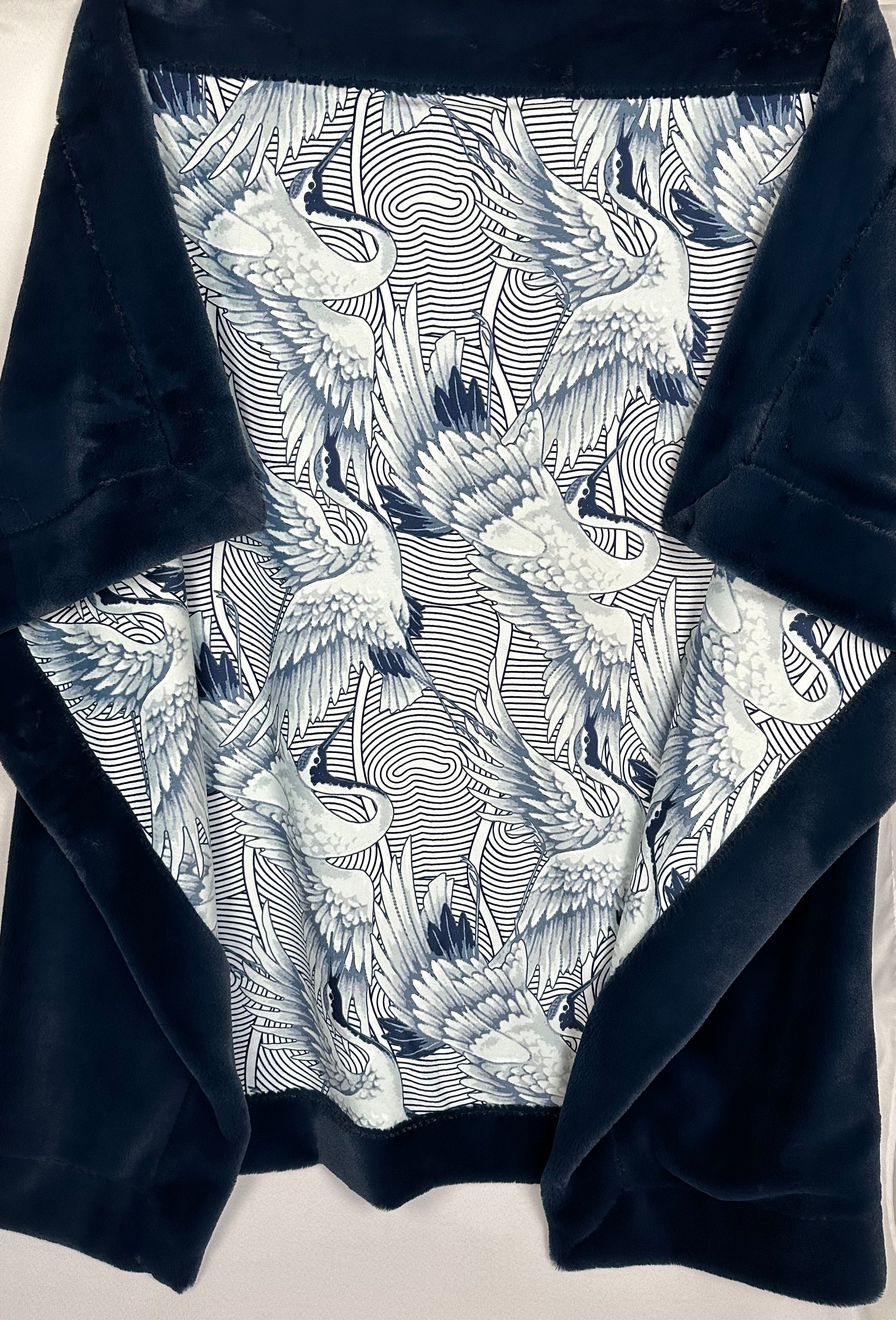Premium Shibori Cranes Navy Blue Baby Seal Luxe Large Blanket 54x76 - Soft Cozy Throw for Nursery, Bedroom Decor, and Gift Giving
