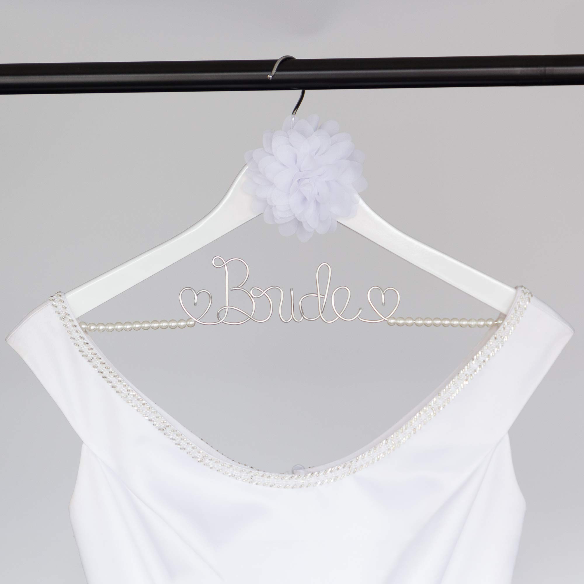 Elegant Wooden & Wire Wedding Dress Hanger for Bride - White with Pearl Strand & Flower Decoration | Perfect for Bridal Gowns, Dresses & Special Occasion Wardrobe Organization