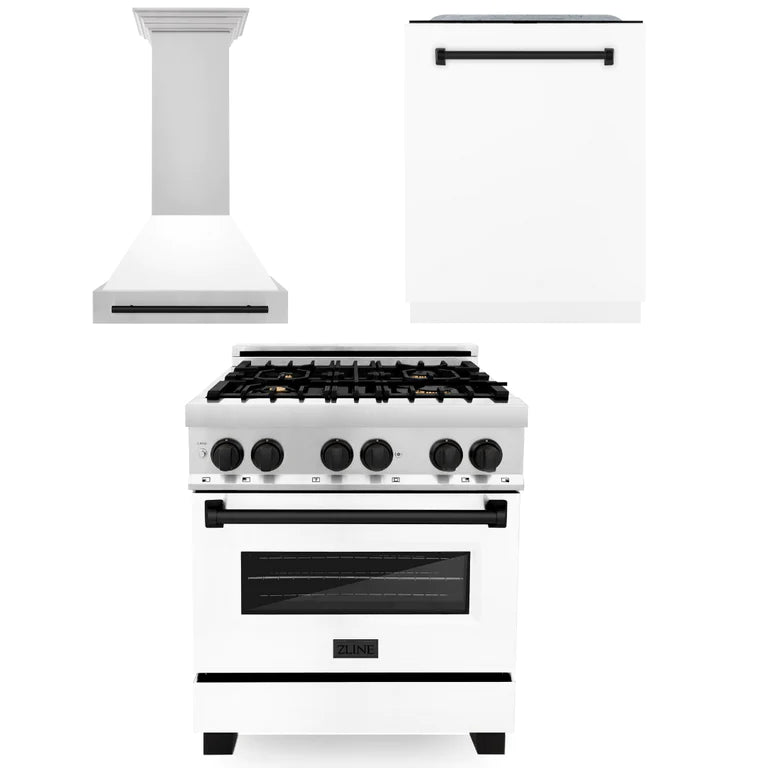 ZLINE Autograph Edition 30-inch Stainless Steel Dual Fuel Range with White Matte Door, Range Hood & Dishwasher - Matte Black Accents (3AKP RAWMRHDWM30 MB) | Premium Kitchen Package for Modern Homes & Professional Chefs