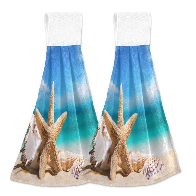 2PCS Beach Seashells & Starfish Hanging Kitchen Towels - Absorbent Dish Cloth with Loop for Oven, Stove & Bathroom - Summer Coastal Home Decor Hand Towel Set for Kitchen & Beach House Decorations