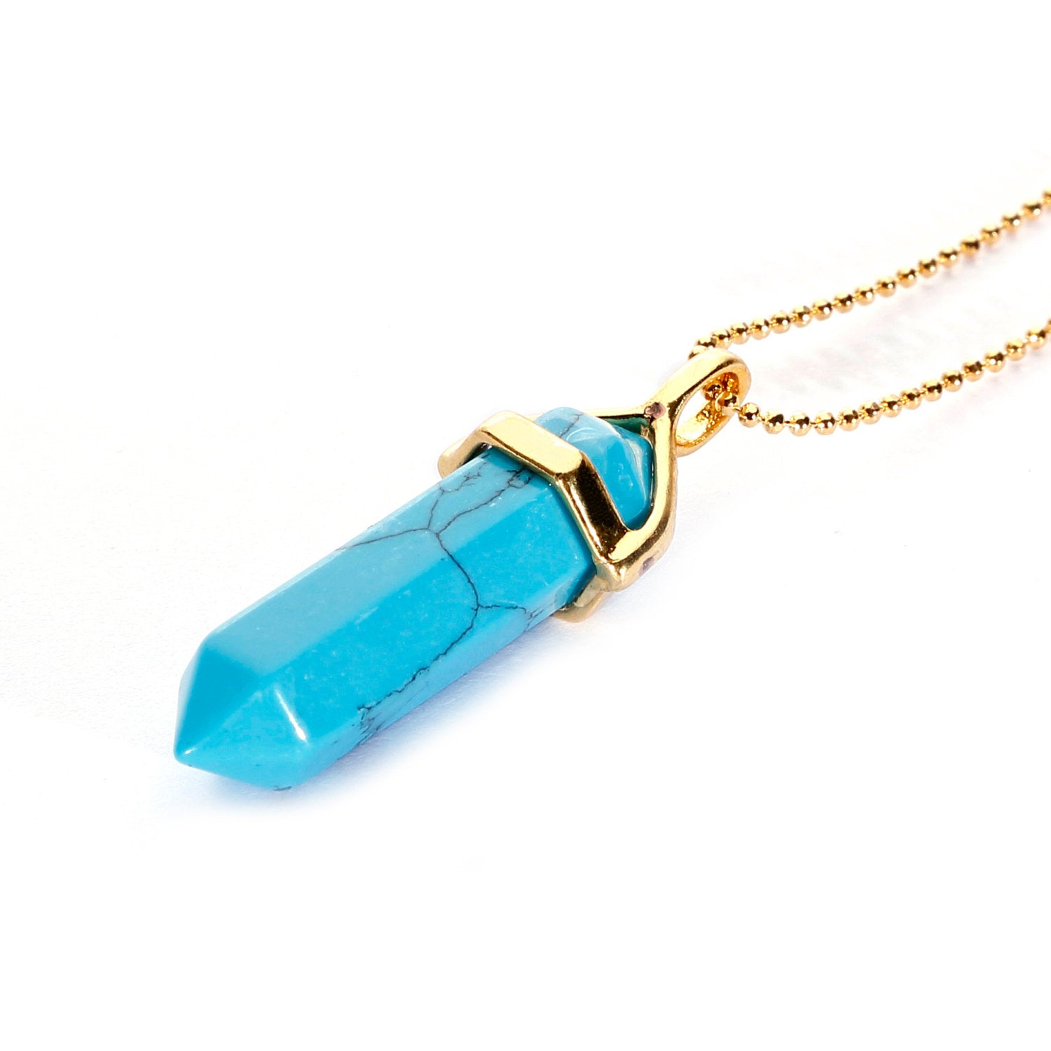 Blue Turquoise Healing Pendulum Pendant - 40x8mm with Gold Chain | Spiritual Energy Balancing, Meditation & Chakra Cleansing Jewelry