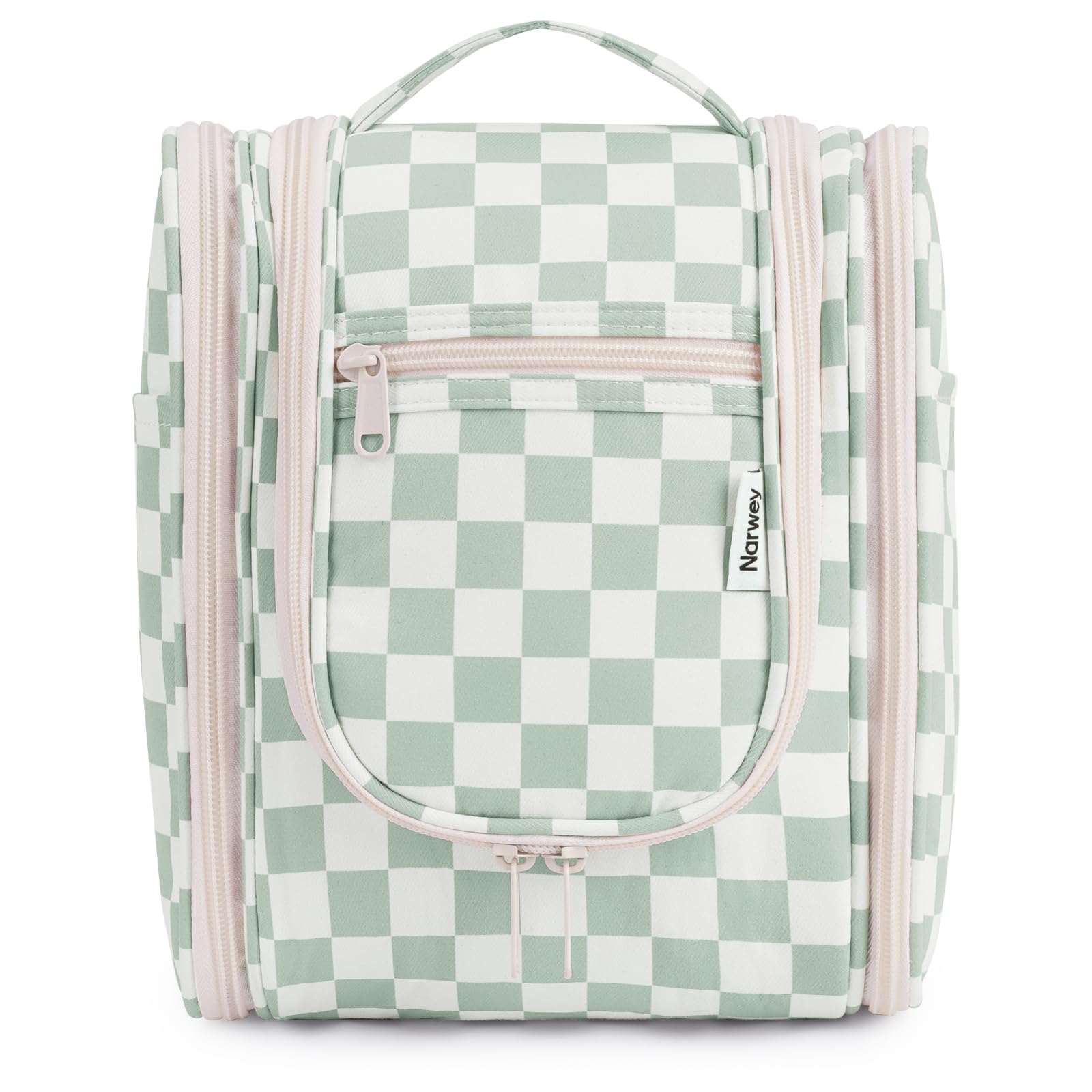 Narwey Small Checked Hanging Travel Toiletry Bag for Women | Waterproof Cosmetic Organizer | Makeup Bag with Hanging Hook | Perfect for Bathroom, Gym & Vacation (Mint Green Checkerboard)