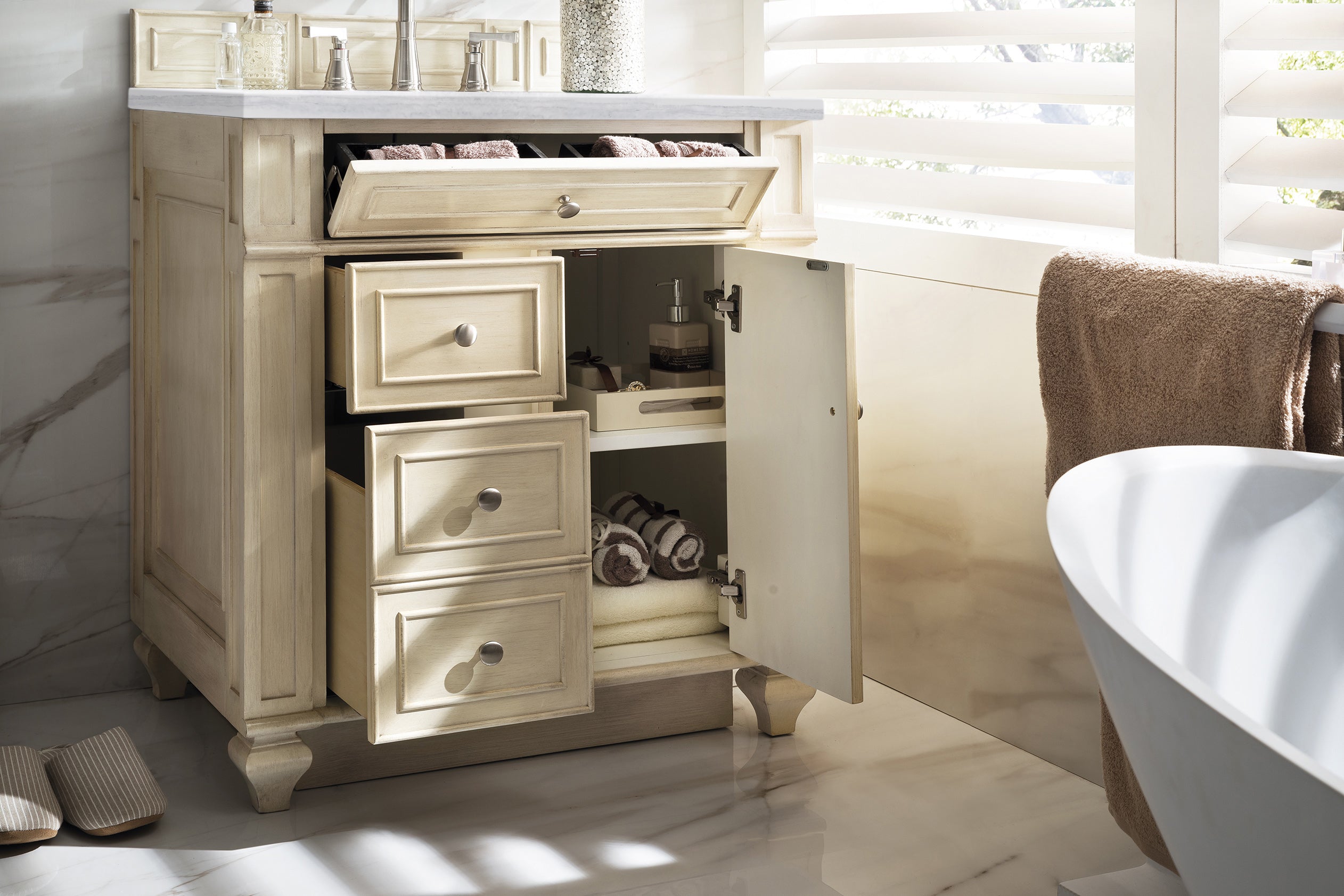 Bristol 30 Inch Single Bathroom Vanity with 3CM Arctic Fall Solid Surface Top in Vintage Vanilla - Perfect for Small Bathrooms, Powder Rooms & Home Renovations