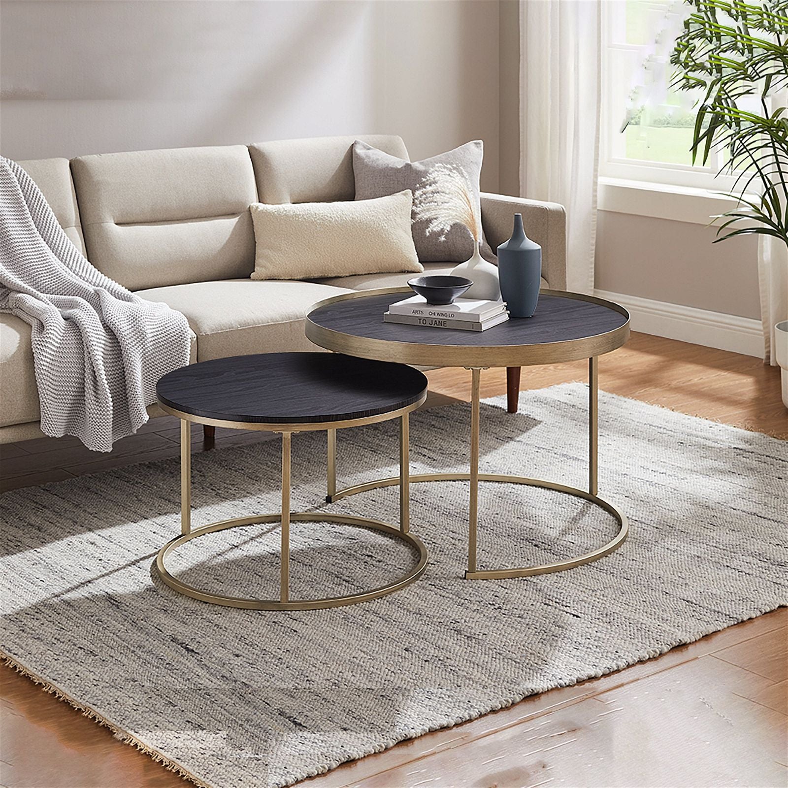 Criterion Black Oak Nested Coffee Table with Distressed Gold Metal Frame - Perfect for Living Room, Lounge, and Office Decor