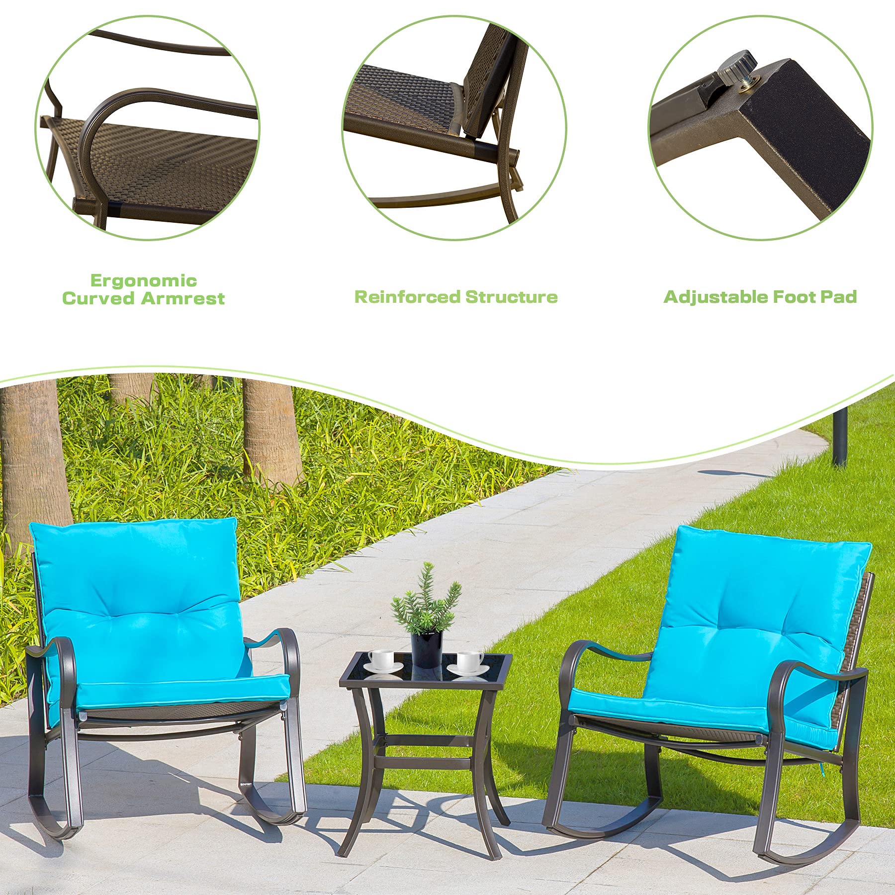 Domi Outdoor Living 3-Piece Rocking Bistro Set - Black Steel Wicker Rocking Chairs with Blue Cushions & Glass Top Coffee Table for Patio, Garden, or Backyard Relaxation