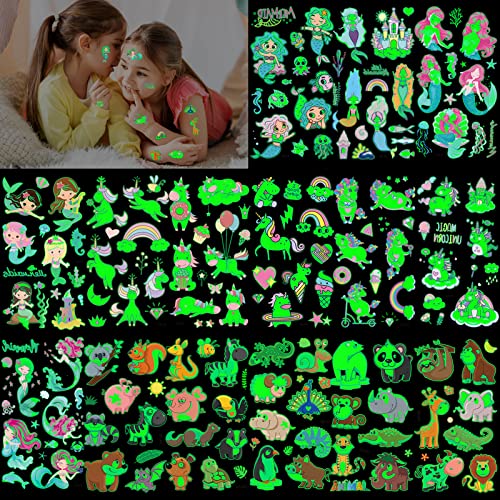 Glow in the Dark Temporary Tattoos for Kids - 15 Sheets Animal, Mermaid & Unicorn Fake Tattoos - Luminous Party Favors for Birthday Decorations & Halloween Costume Accessories