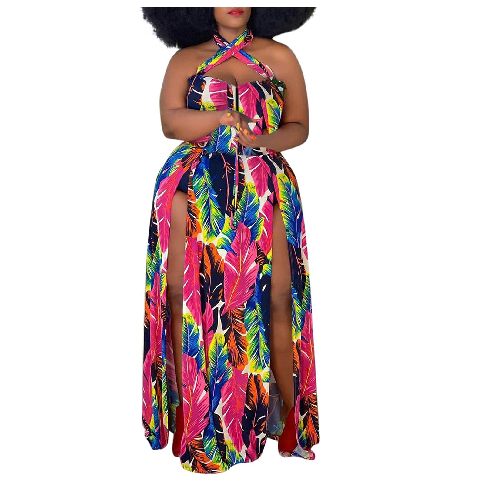 NC Women's Floral Halter Neck Maxi Dress - Sleeveless, Backless & Loose Summer Dress with Side Slit | Perfect for Beach Vacations, Pool Parties & Tropical Getaways