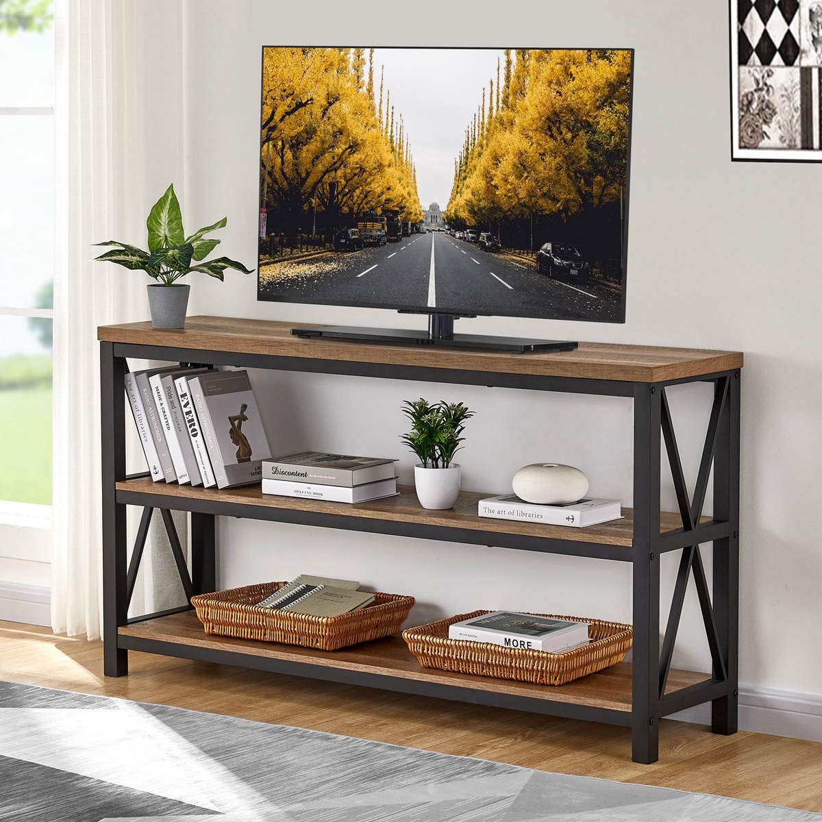 FATORRI 55 Inch Rustic Oak Industrial Console Table with 3-Tier Shelves - Entryway Sofa Table, Hallway Table for Living Room, Bedroom & Office - Perfect for Home Decor, Storage & Display