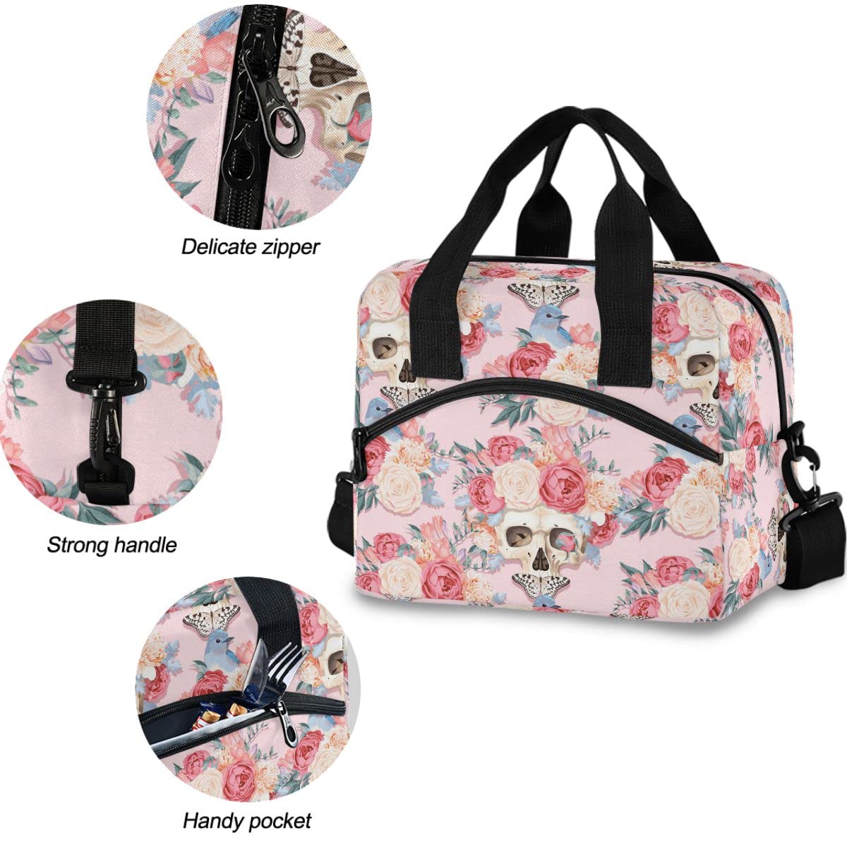 MNSRUU Insulated Lunch Bag with Skulls & Butterfly Design - Leakproof Reusable Lunch Tote for Women & Men - Perfect for Work, School, Picnics & Outdoor Activities