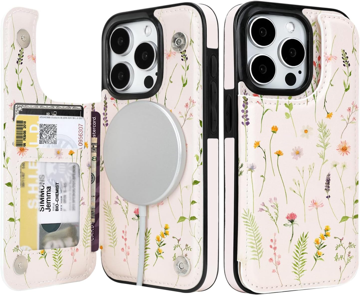 iPhone 15 Pro Case with Leather Kickstand & Double Magnetic Clasp - RFID Blocking Protective Cover for 6.1
