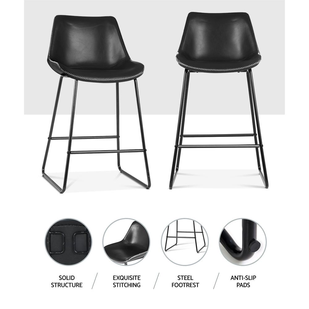 2 Black Leather & Metal Bar Stools for Kitchen Counter - Modern Dining & Breakfast Nook Seating