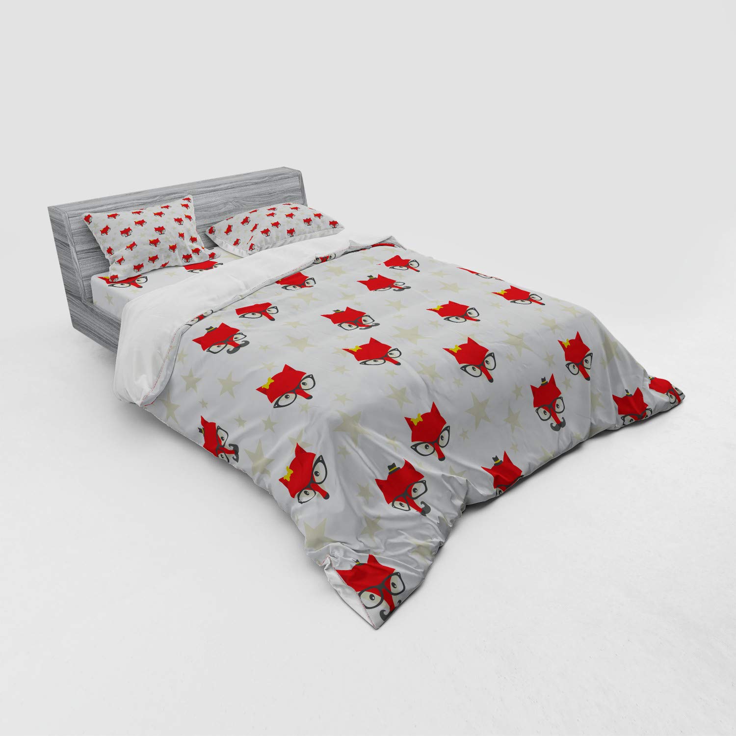 Ambesonne Cartoon Duvet Cover Set - Queen Size 3-Piece Bedding with Sham & Fitted Sheet, Hipster Foxes with Hats & Glasses on Stars Background, Funny Animal Print in Coconut Scarlet & Grey - Perfect for Kids' Rooms, Teen Bedrooms & Whimsical Home Decor