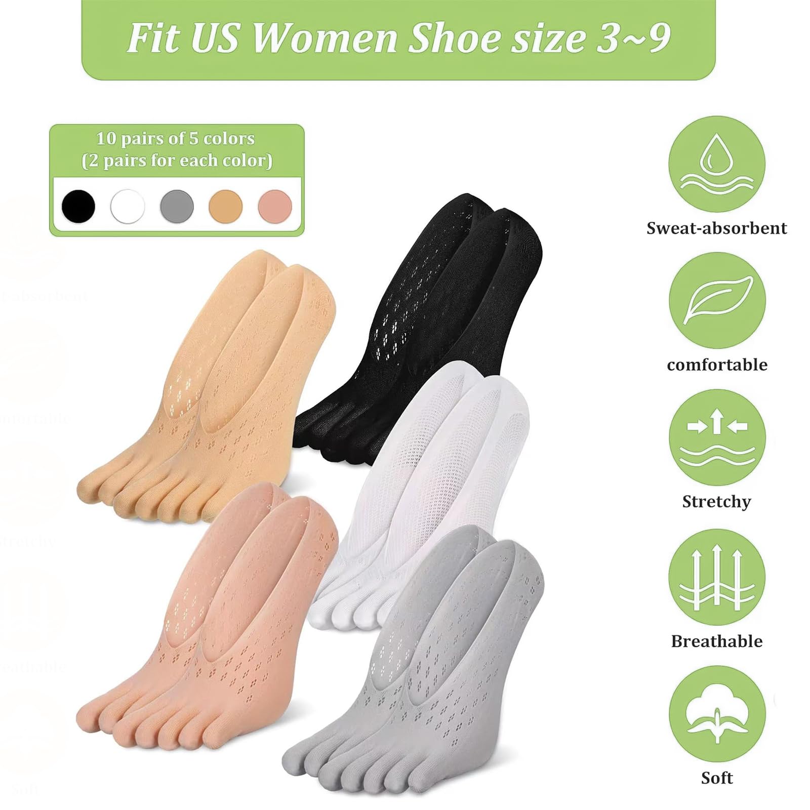 PLATEYTR 10 Pairs Women's Toe Socks - Breathable Yoga Toe Separator Socks for Yoga, Running, Sports & Pilates | Perfect for Barefoot Workouts, Post-Workout Recovery & Toe Alignment Therapy