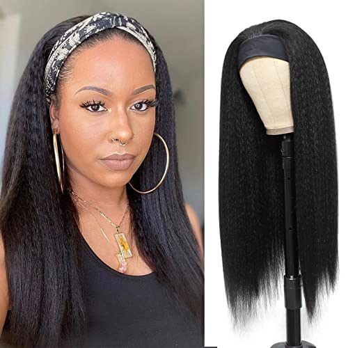 24 Inch Black Kinky Straight Headband Wig for Women - Yaki Straight Synthetic Hair with Attached Headband (#1B) | Perfect for Daily Wear, Cosplay & Protective Styling