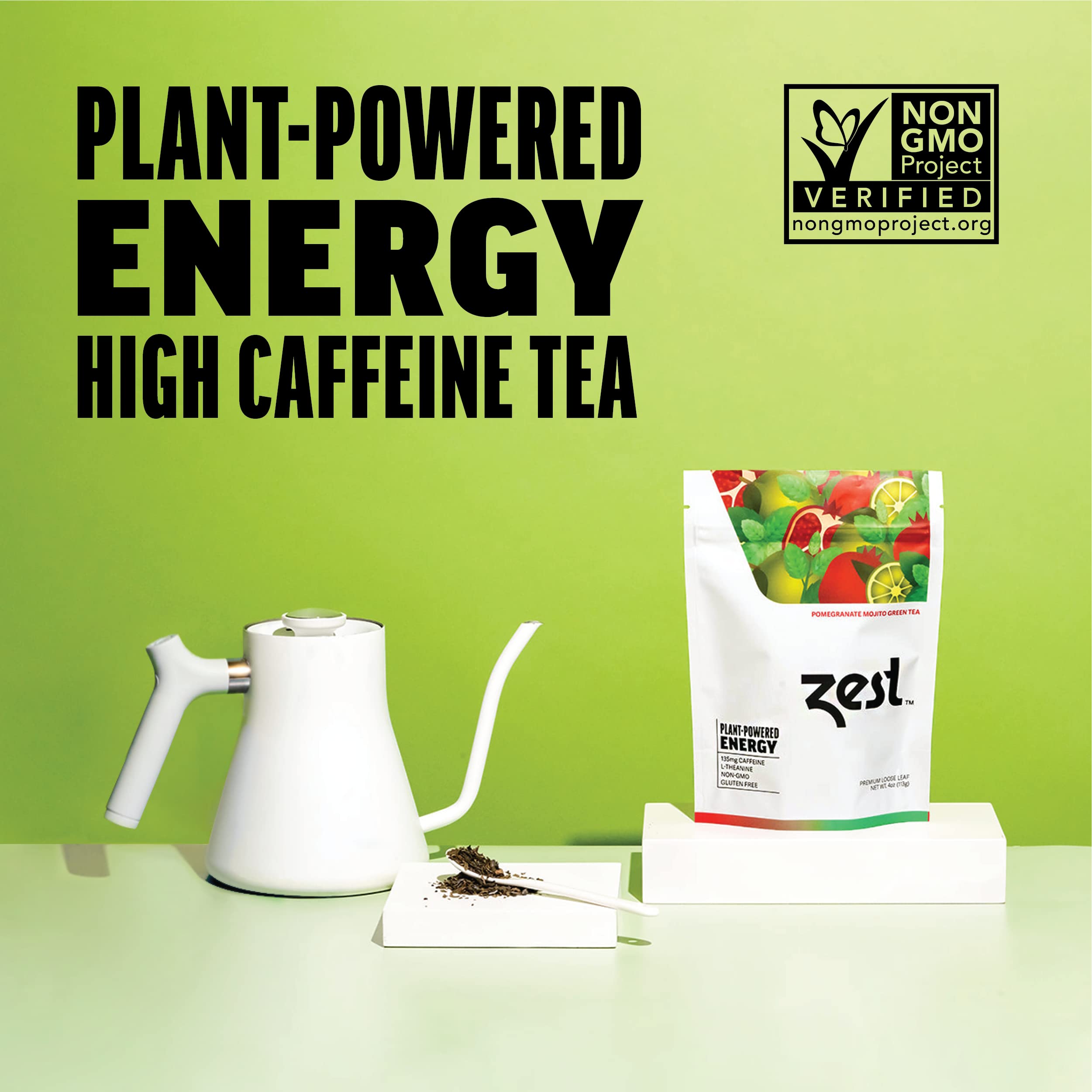 Zest 135mg High Caffeine Energy Loose Leaf Green Tea - Pomegranate Mojito Flavor, 4 Oz | All Natural, Strong Flavored Healthy Coffee Alternative | Highly Caffeinated, Keto-Friendly | Perfect for Morning Boost, Workout Energy & Study Focus