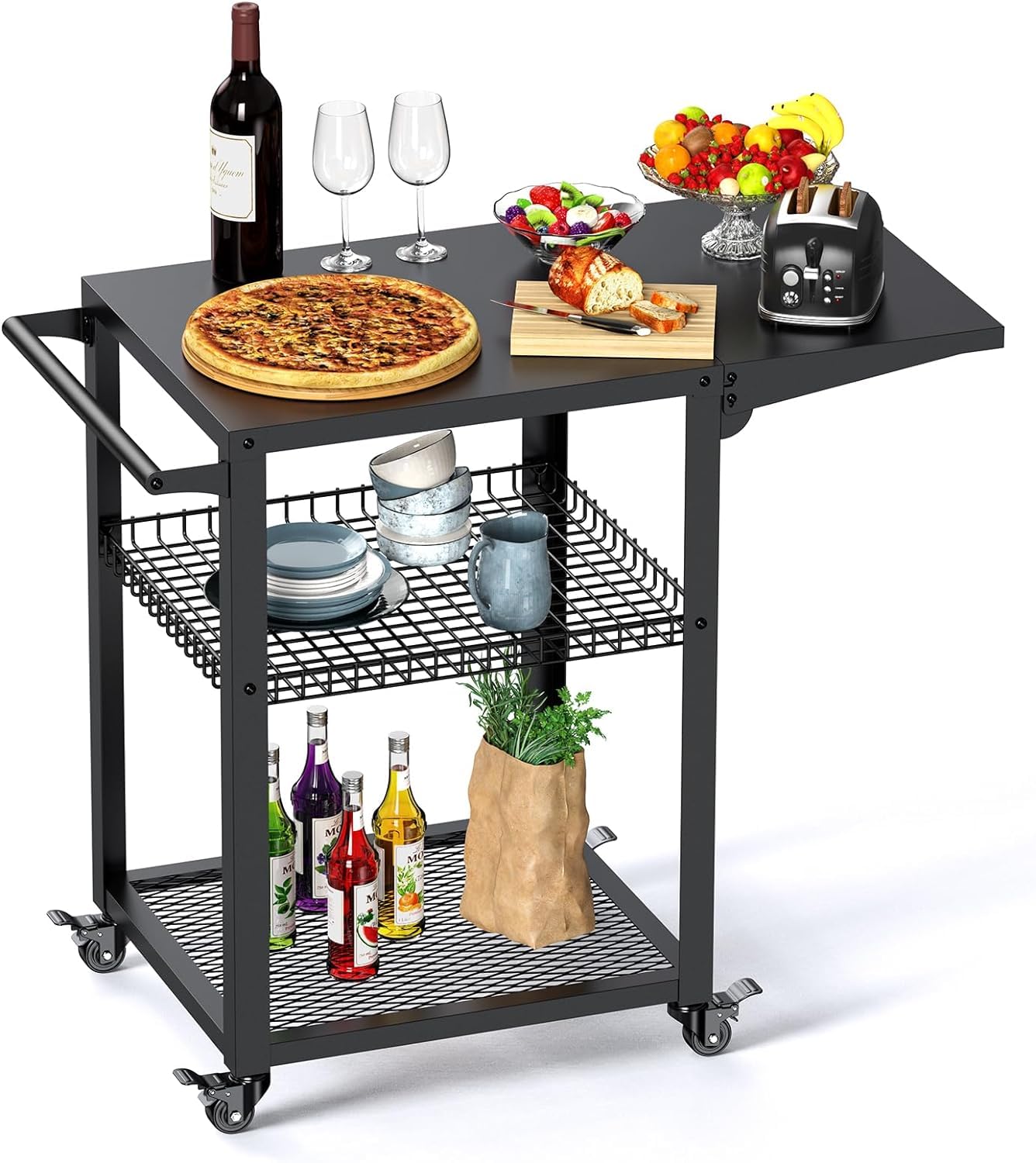**Portable 3-Tier Stainless Steel Pizza Oven Cart - Outdoor BBQ Grill Table with Wheels, Commercial Kitchen Prep Trolley & Dining Workstation for Backyard, Patio, and Catering Events**
