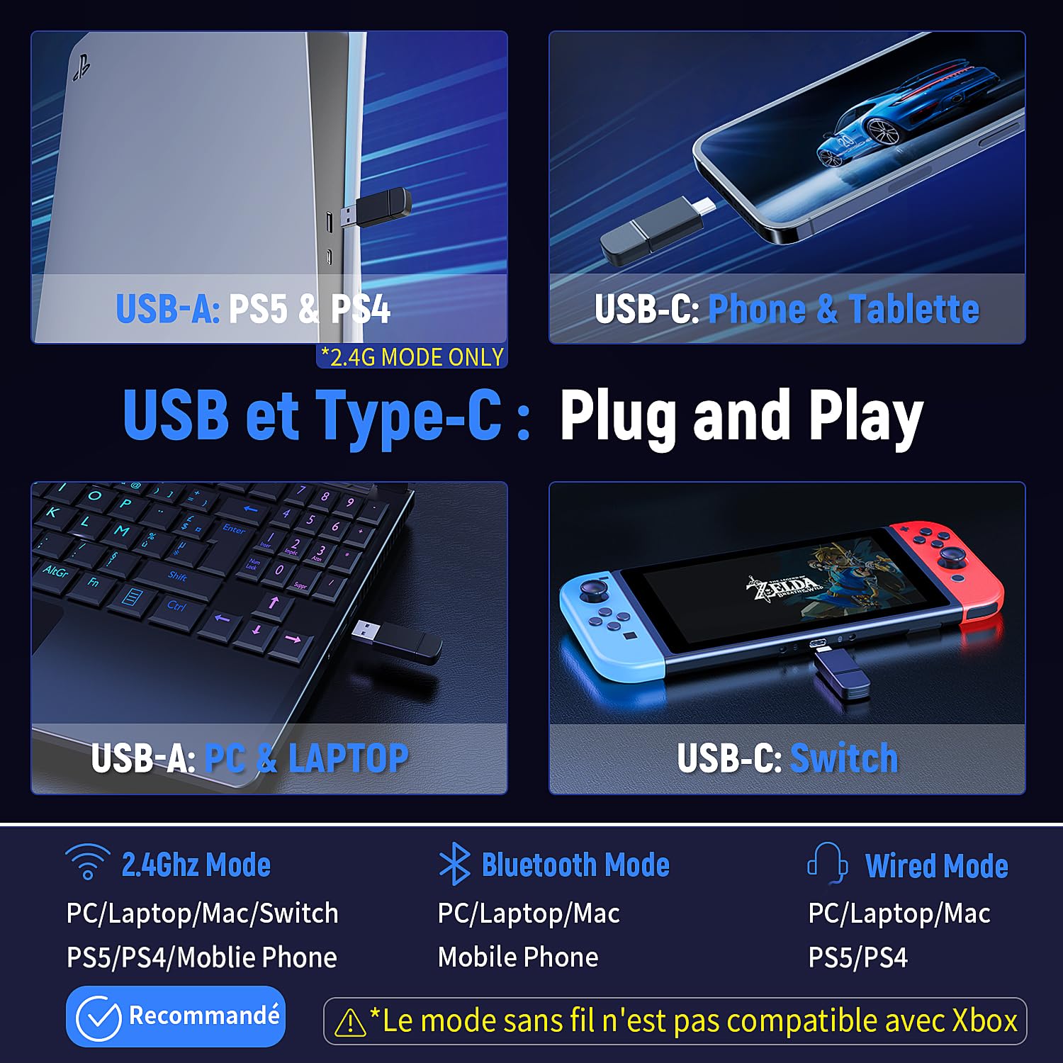 Wireless Gaming Headset with Microphone Noise Cancellation & 7.1 Surround Sound - Bluetooth/USB Compatible for PS5, PC, PS4, Switch - 35H Battery & Breathable Ear Cups - Perfect for Competitive Gaming & Online Meetings
