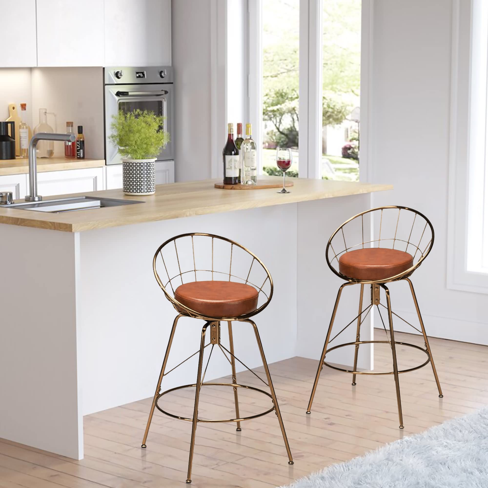 Aklaus Set of 2 Swivel Bar Stools 30 Inch Height - Gold Metal Frame with Brown PU Leather Upholstered Seat & Back - Kitchen Island, Home Bar, Breakfast Counter Stools for Dining & Entertaining