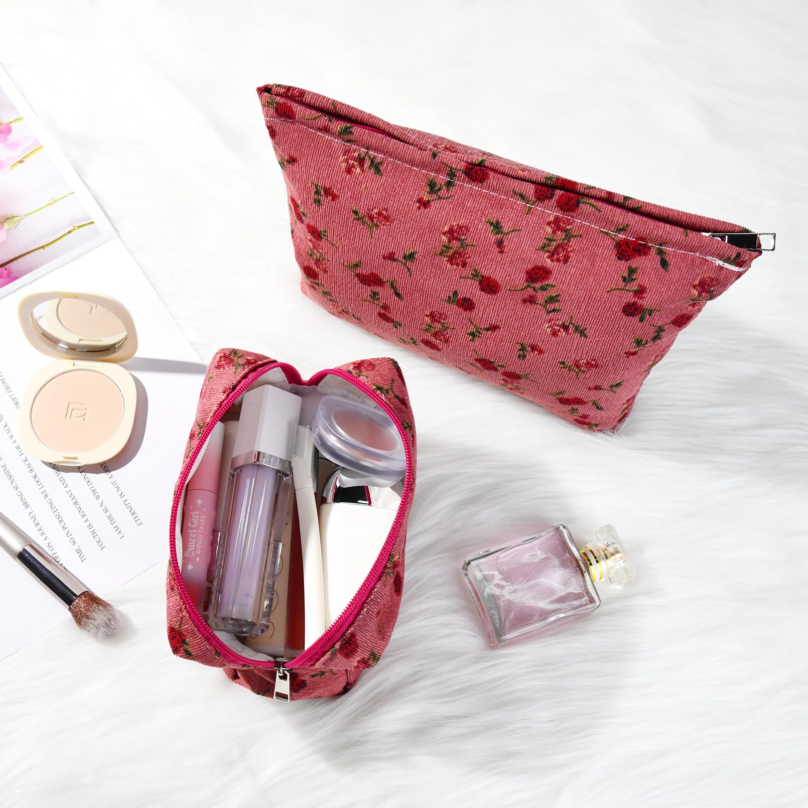 2 Pcs Rose Cosmetic Bag - Large Travel Toiletry Organizer for Women | Makeup Brushes Storage & Travel Essentials